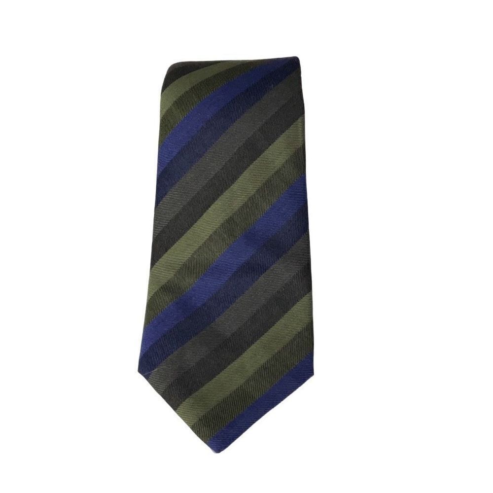 Tino Cosmos Mens 100% Silk Necktie Olive Green Blue Diagonal Striped 56.5 x 3